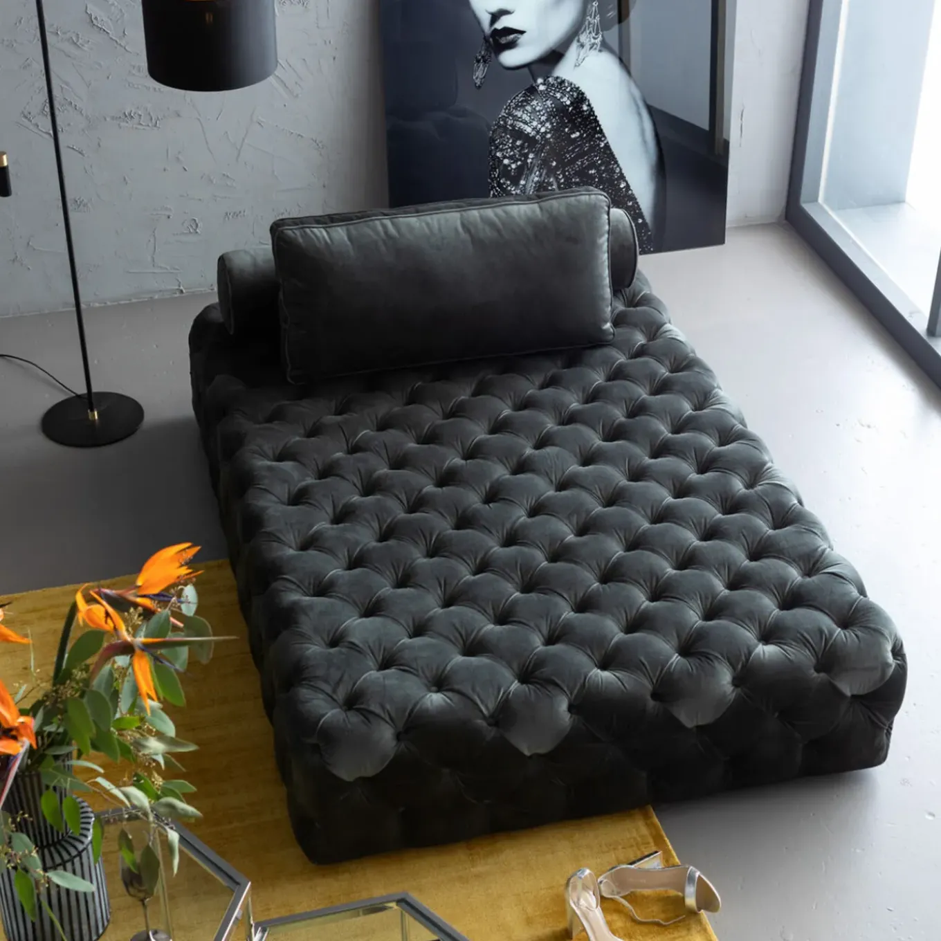 Lit D Appoint Bottone Velours Gris